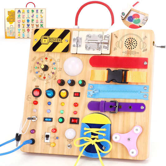 23 in 1 Busy Board Montessori toy from 1 year old Activity Board toy from 2 3 years old Wooden toy Sensory toy with 15 switches, 26 LED lights, music box, lock, zipper, shoelaces