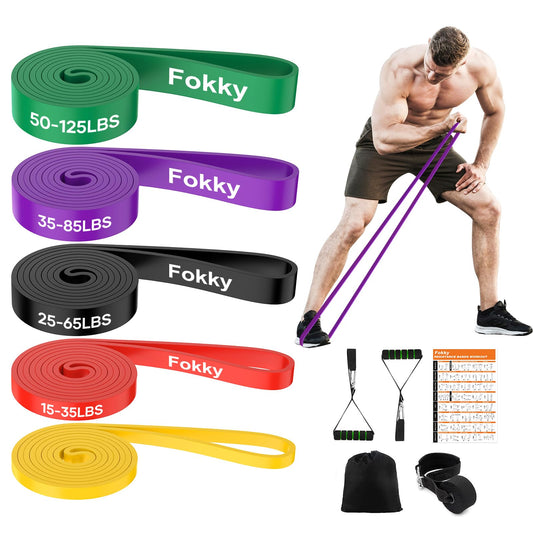 Fokky Fitness resistance bands with 5 levels, includes door anchor, 2 handles, exercise guide, and carrying bag. Great for strength training, yoga, and Pilates. Set of 5.
