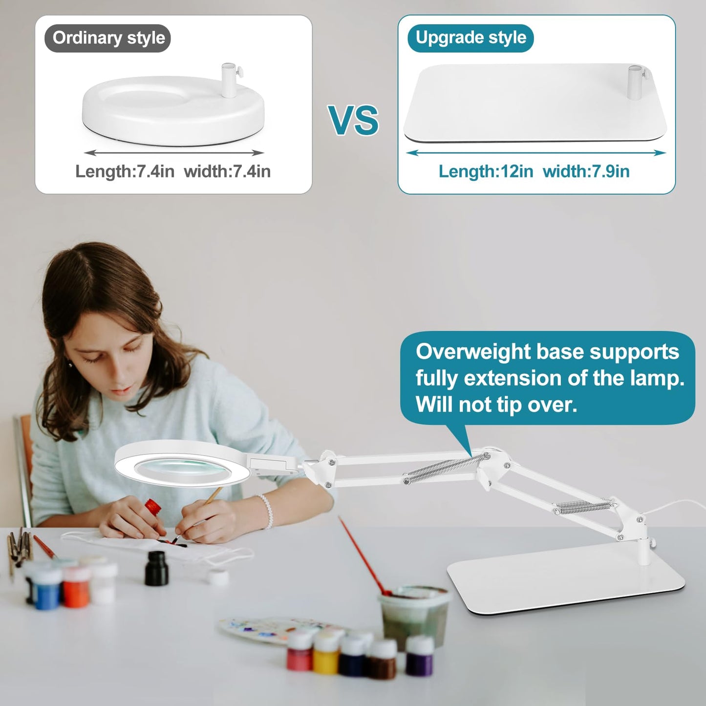 10X magnifying glass with light and stand, touch control, 2-in-1 LED magnifier light, desk lamp with large base and clamp, 3 color modes dimmable, magnifying lamp for crafting, white.