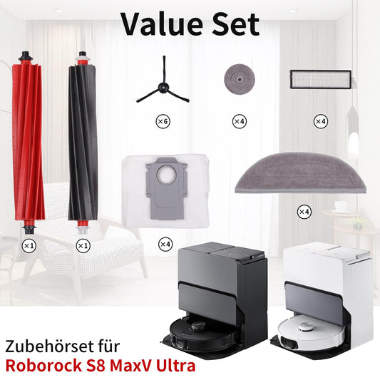 24-piece accessory replacement set for Roborock S8 MaxV Ultra, including 2 rolling brushes, 4 filters, 6 side brushes, 8 wipes, and 4 dust bags.