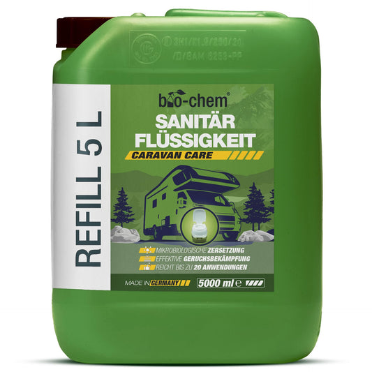 Bio-chem sanitary fluid for camping toilet - 5 L incl. dosing beaker - Highly concentrated microbiological toilet additive - Acts against faeces, paper & odours in the waste tank - Made in DE