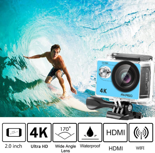 AKASO Action Cam EK7000 4K30FPS Action Camera 170° Wide Angle HD Underwater Camera 20MP WiFi Waterproof Sport Camera 2 Inch LCD Screen with 2 Batteries (Blue)