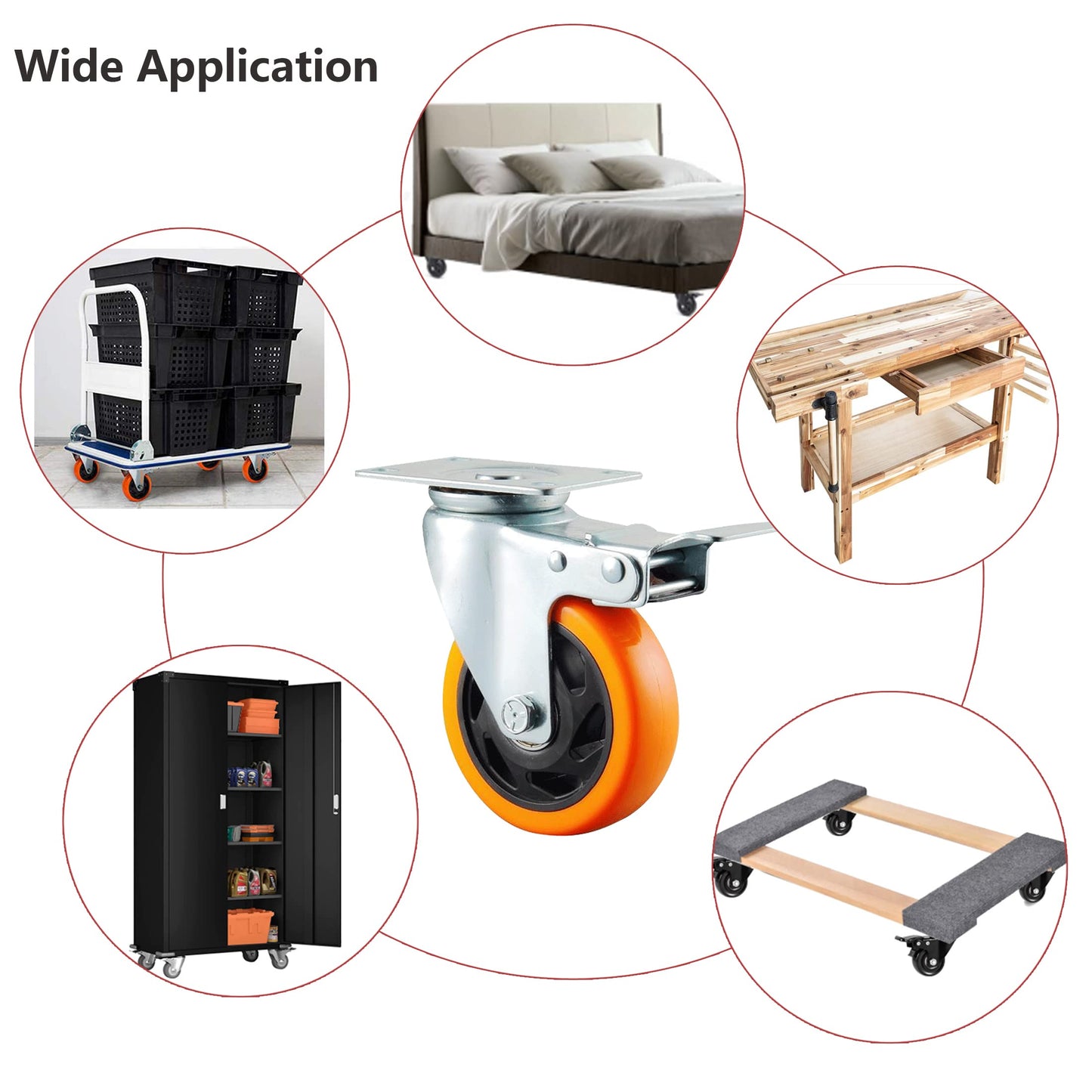 BAOLIHUI 4-Pack Furniture Casters 100MM Casters with Brake 600KG Heavy Duty Casters Furniture Transport Rollers Workbench Tool Cart Pallets Orange