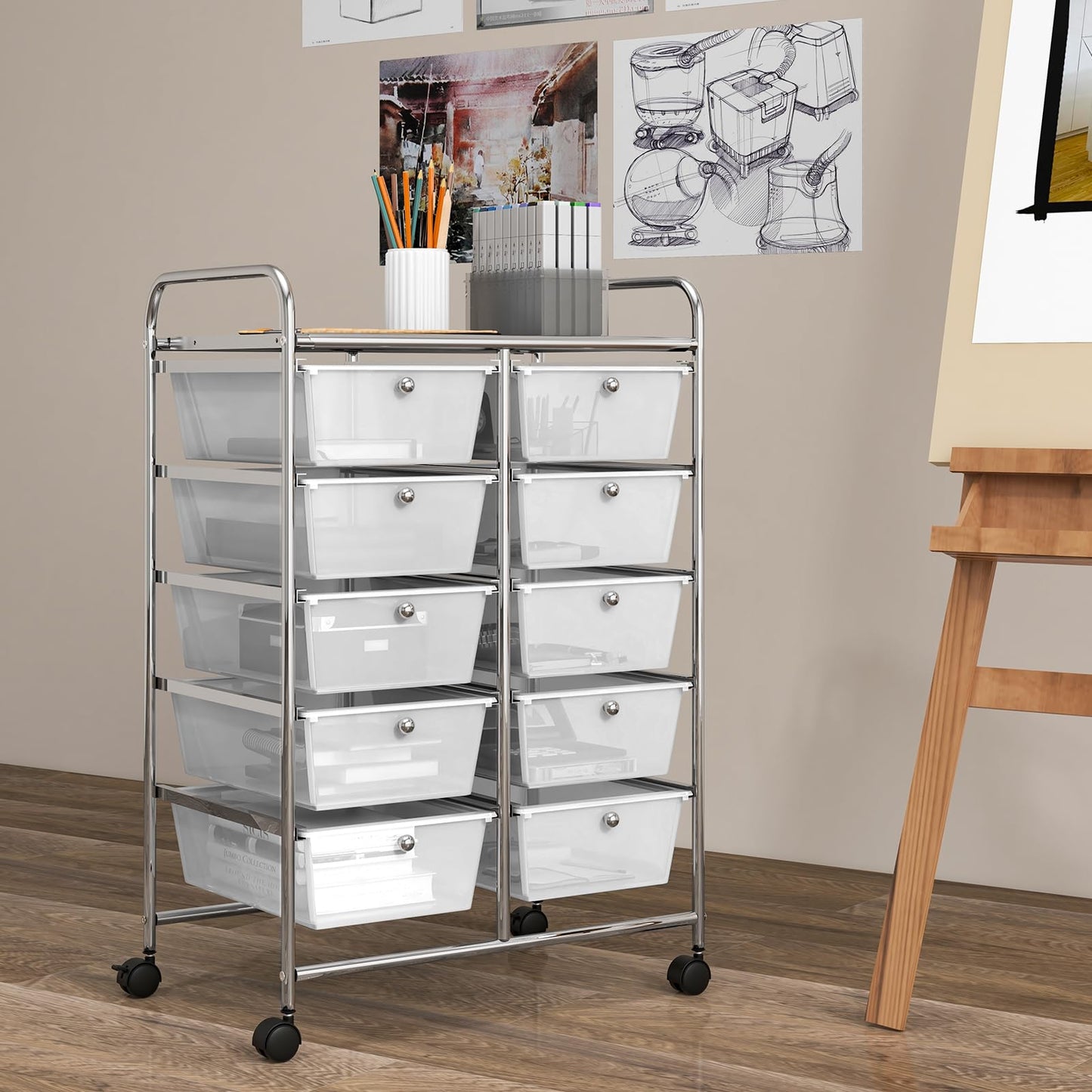 COSTWAY rolling cart with 10 stackable drawers, drawers cart with metal frame and shelf, bathroom trolley storage cart for office, living room, 65.5 x 37 x 87 cm.