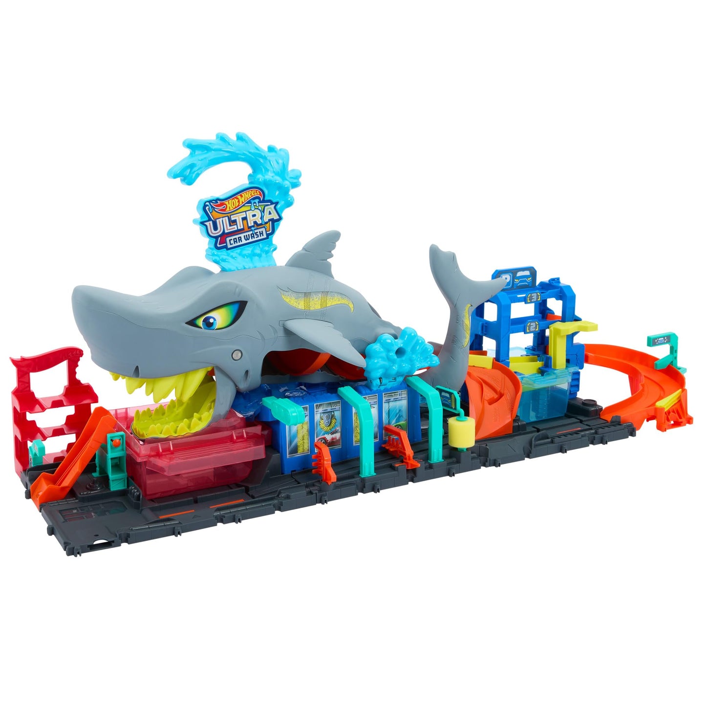 Hot Wheels Let's Race Netflix City toy car track set, Ultimate Shark car wash with 1:64 scale toy car, color change feature, repeatable color change effect, storage, HTN82.
