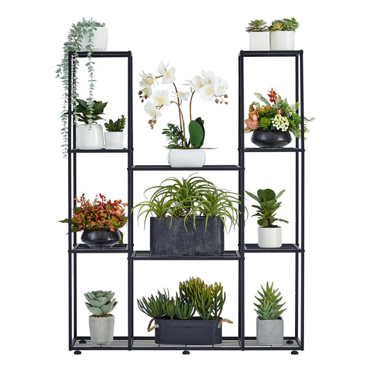 HUSFITLY metal flower rack, 4 tiers, 11 pots plant stand indoor outdoor, 120cm high waterproof flower stand, multi-tiered plant stand for garden balcony living room courtyard, black