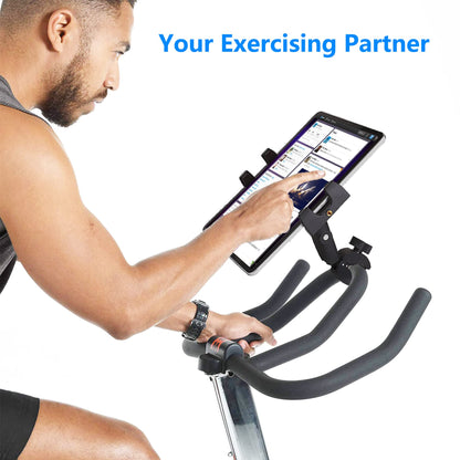 Treadmill tablet iPad holder, bike handlebar mount clamp for stationary bike, elliptical, spin bike, Peloton, stroller for 4-13 inch devices, iPad Pro 12.9, Air, Mini, Galaxy Tabs, iPhone