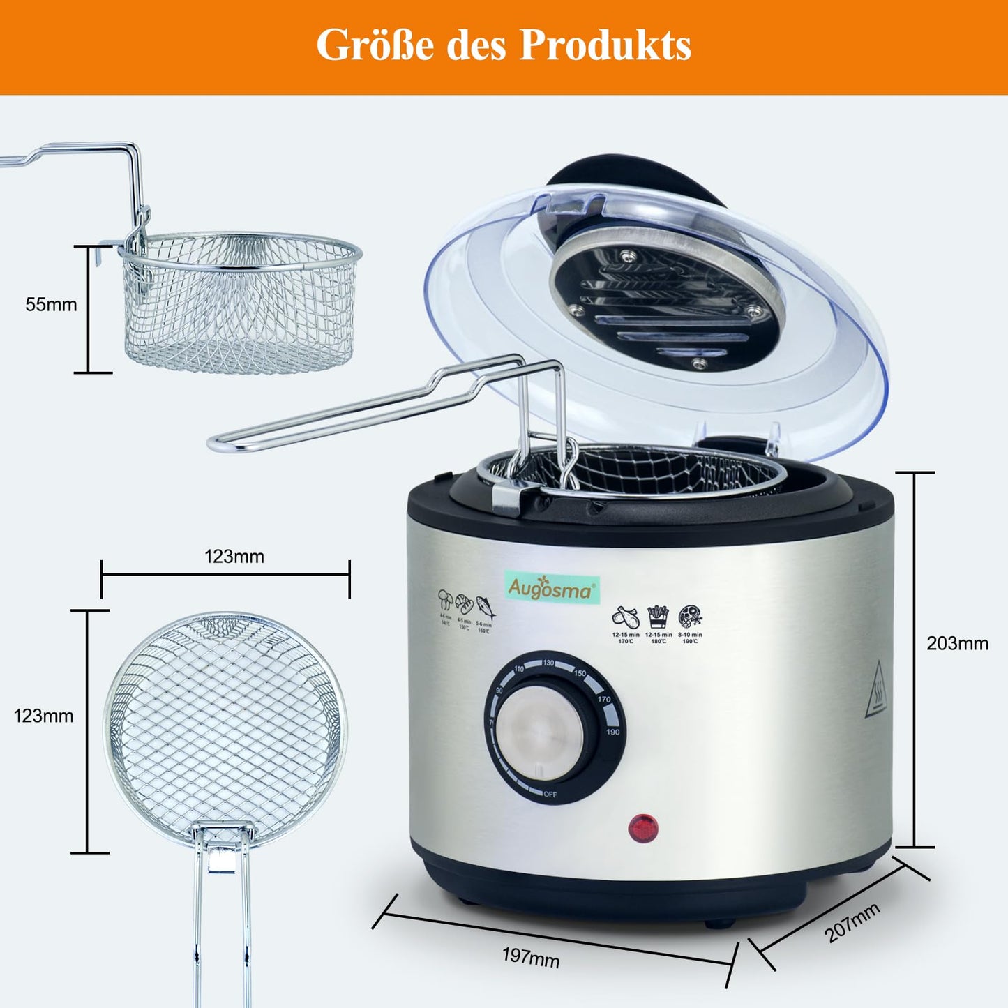 Augosma Mini Deep Fryer With Oil | 850-950W | Capacity: 1 liter | Viewing window | Stainless steel frying basket | Adjustable temperature | Heat insulated | Non-slip rubber feet | White