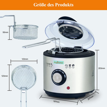 Augosma Mini Deep Fryer With Oil | 850-950W | Capacity: 1 liter | Viewing window | Stainless steel frying basket | Adjustable temperature | Heat insulated | Non-slip rubber feet | White