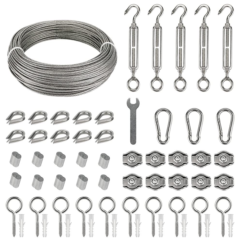 Stainless steel wire rope set with 60pcs, 35m/2mm steel rope for trellis with M5 turnbuckle, eye screw, wire rope clamps, aluminum rope clamps.