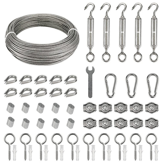 Stainless steel wire rope set with 60pcs, 35m/2mm steel rope for trellis with M5 turnbuckle, eye screw, wire rope clamps, aluminum rope clamps.