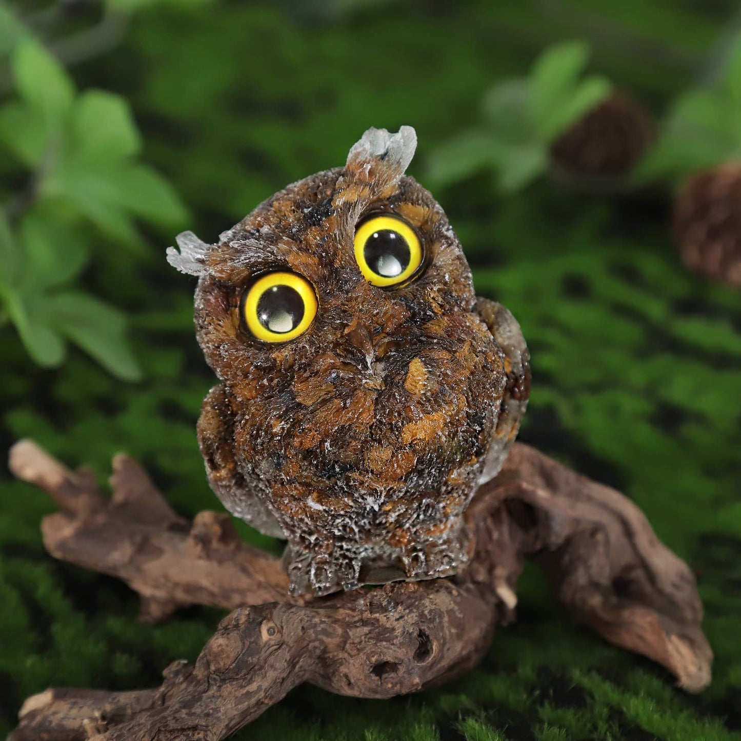 Tiger Eye cute crystal owl figurine ornaments, mini stone owl statues resin animal sculpture talisman healing stone bird decoration for home office table, flower pot, micro landscape, 7.5cm