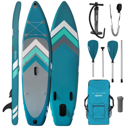 ALPIDEX Stand Up Paddle Set SUP 305 x 76 x 15 cm. Load capacity up to 150 kg. Inflatable, stable, light. Complete set includes carrying bag, paddle, fins, pump, leash, repair kit. Color: Petrol.