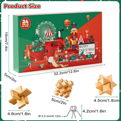 Brain teaser advent calendar 2025 for kids- 24 day Christmas calendar gifts with metal puzzles and wooden 3D puzzles, skill games for boys, girls, teens & adults.