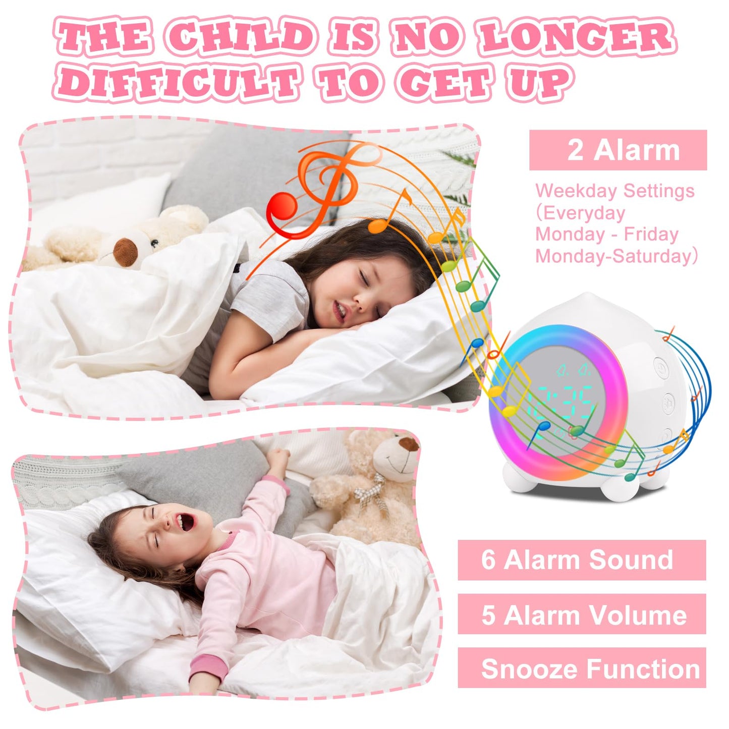 Ayybboo Kids Alarm Clock Digital, Alarm Clock Digital Sunrise Simulator Kids Alarm Clock for Girls Boys with Colorful Lights Quiet Alarm Clock No Ticking Bedroom (White)