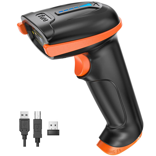 Tera Wireless Handheld Barcode Scanner 1D Laser with Wireless and USB Wired connections, Battery Level Indicator, Large 2000mAh Battery and Ergonomic Design, Patent No.: EU008489413, Upgrade Model 5100, Orange