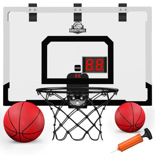 HYES 24" x 16" Large Basketball Hoop Indoor for Kids, Basketball Hoop with Scorer, 2 Balls, Pump, Big Basketball Toy for Adults Kids Teens Boys Girls (black with Scorer)