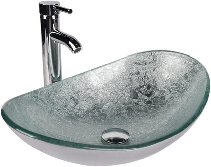 ARTETHYS Glass Countertop Basin with Faucet Drain, Oval Washbasin Vanity Set Silver, Bathroom Kitchen, Guest WC
