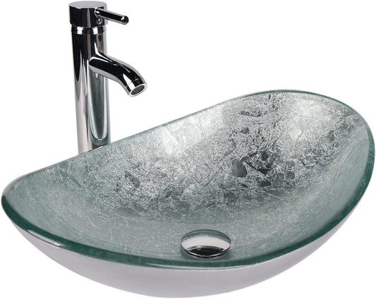 ARTETHYS Glass Countertop Basin with Faucet Drain, Oval Washbasin Vanity Set Silver, Bathroom Kitchen, Guest WC