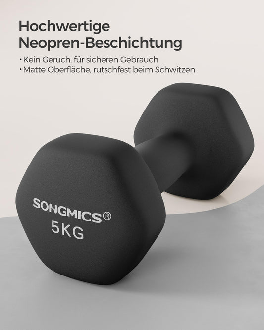 SONGMICS Dumbbells, 2 pcs, 2 x 5 kg, Dumbbell Set, Dumbbells, Hexagon, Neoprene Coating, Strength Training, Workout, Fitness Training, for Home, ink black SYL60BK