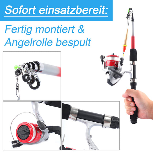Q-Tac - Kids fishing combo [Pre-assembled & reel spooled] Telescopic fishing rod 165 cm, child's fishing rod ready to use, complete fishing set (Red)