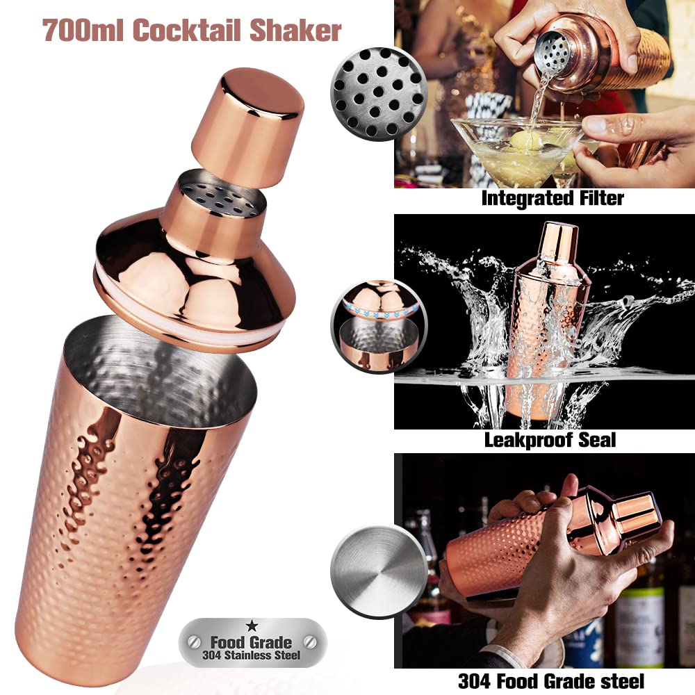 Recent Cocktail Shaker Set with 750ML Shaker, Moscow Mule Cup Set with 2 Copper Cups 500ML, Measuring Cup and Bar Spoon, Premium Copper-Stainless Steel Bar Accessories for Men and Women.
