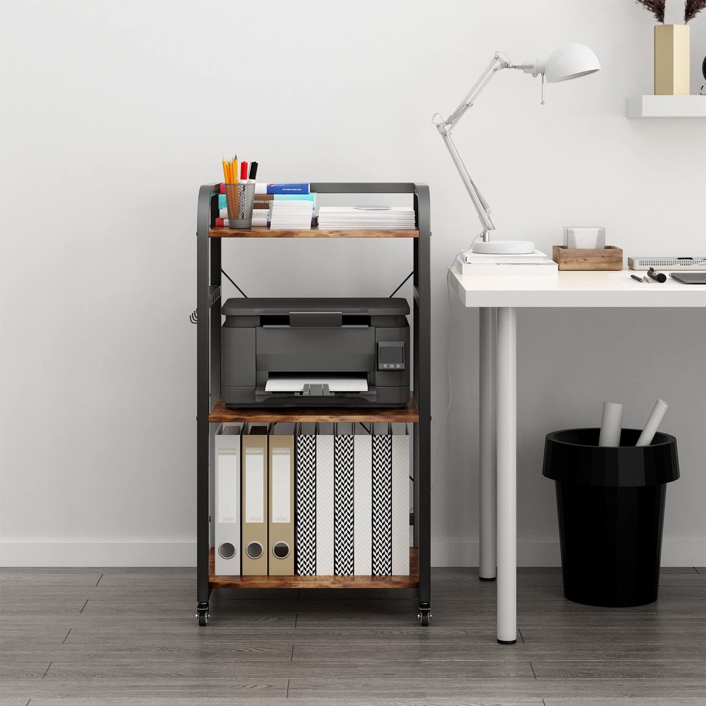 DAWNYIELD 3-tier printer stand with wheels fax shredder, computer shelf adjustable height rolling storage rack for home office with 4 hooks (Vintage)