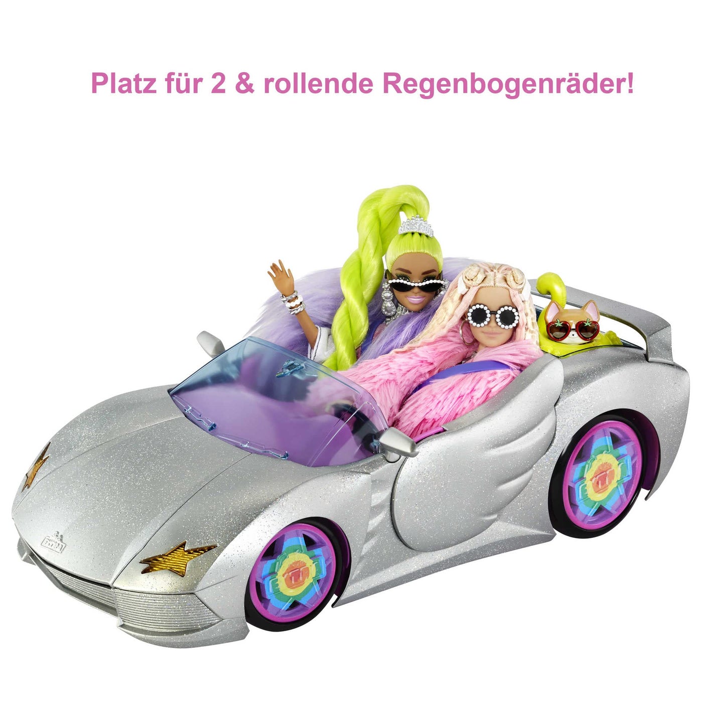 Barbie Extra Convertible Car in silver with moving wheels, includes accessories like clothing and pet, suitable for ages 3 and up. HDJ47.