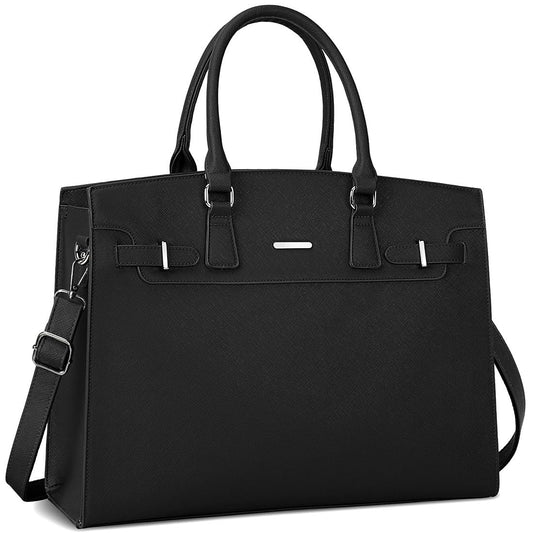 IGOLUMON women's handbag shopper large black laptop bag 15.6 inch PU leather shoulder bag waterproof for business office work teacher bag school