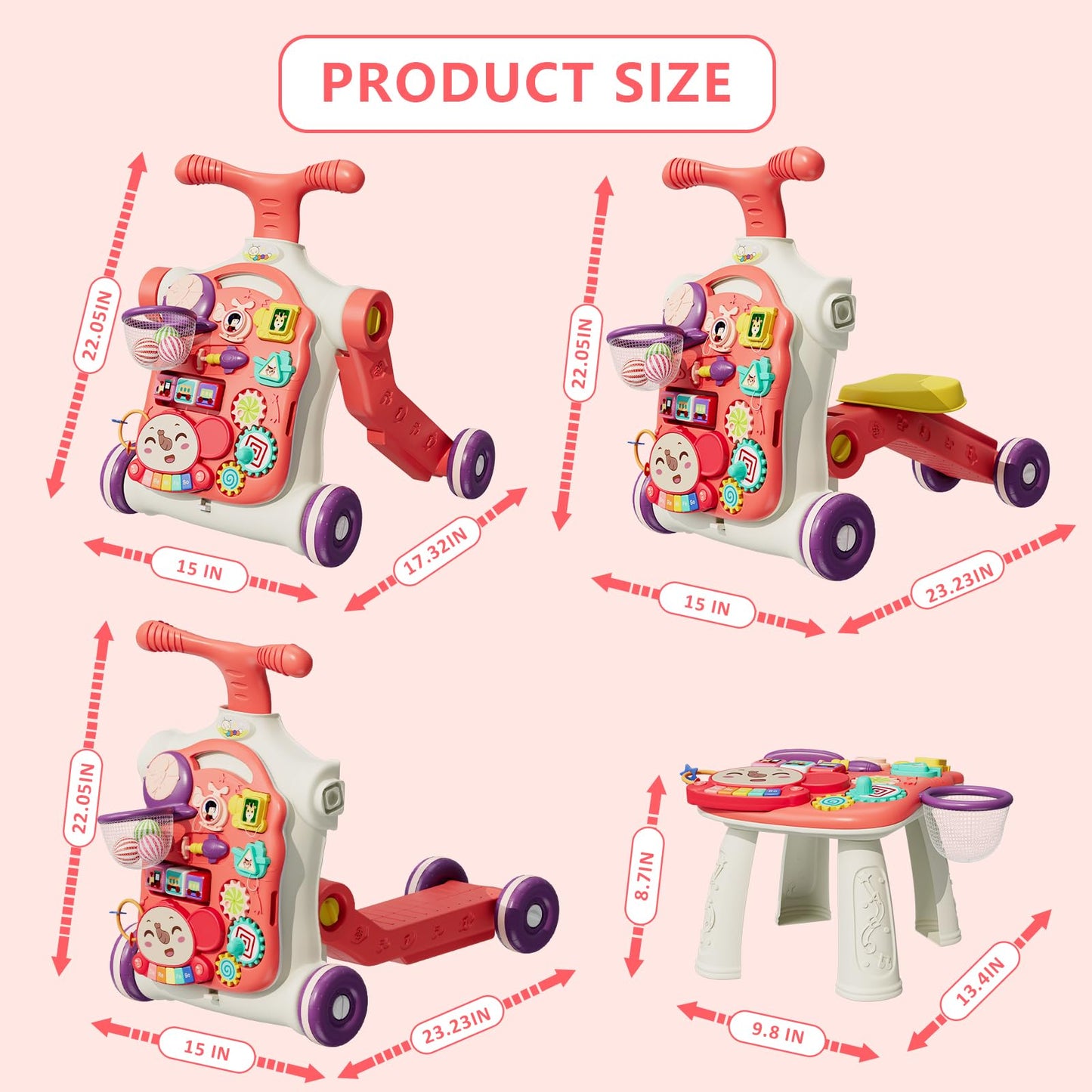HYES 5 in 1 baby walker, baby play and walking aid with music and detachable play board, walking baby walker toy, for children aged 3-30+ months, red