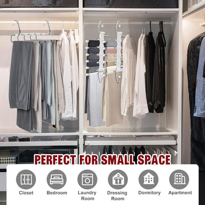 Space-saving 5 IN 1 pants hanger made of stainless steel, extendable for pants, scarfs, jeans, clothing, and towels. Set of 4 - rustproof steel.