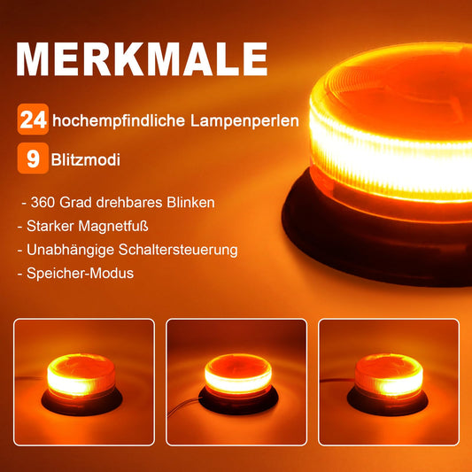 Dinfu LED Round Beacon Yellow Warning Light Orange 12V LED Strobe Light with magnetic base and 9 modes for car tractor UTV trailer SUV J-eep vehicle truck.