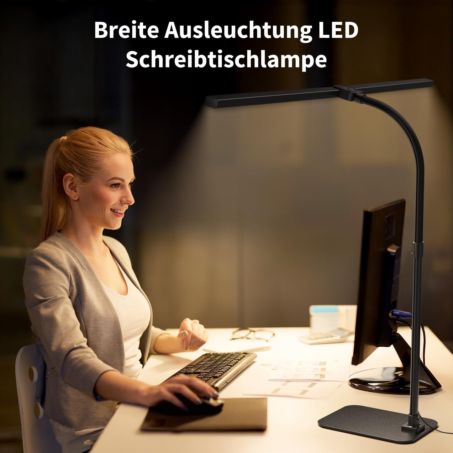 Kaulsoue Desk Lamp LED dimmable, with base, 24W 80cm daylight lamp, eye care, 5 color temperatures 5 brightness levels, for work, home, office, dorm, study, reading