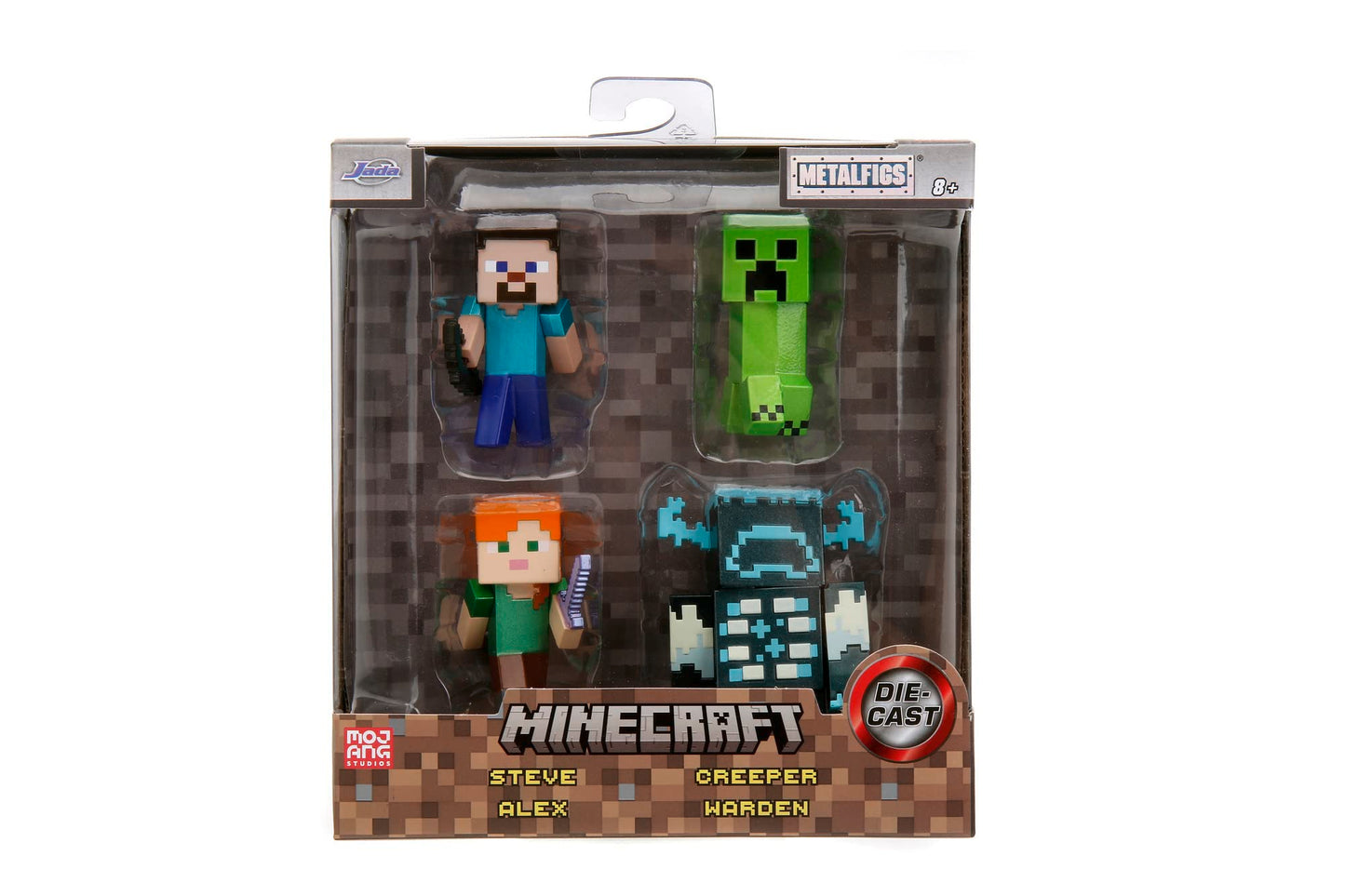 Jada Toys Minecraft Figure Set (4 pieces) made of metal - Collectible figures from Minecraft Caves & Cliffs (Steve, Alex, Creeper, and Warden) for gamers & collectors aged 8 and up, each 6 cm.
