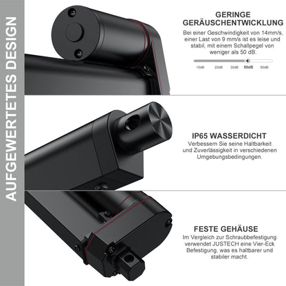 Justech Linear Actuator 300mm Linear Drive 1000N IP65 Waterproof 14mm/s Motor Linear Technology Actuators Linear Motor Adjustable Drive Gate Opener Stroke Cylinder with CE & RoHS 12V DC Electric Motor DIY