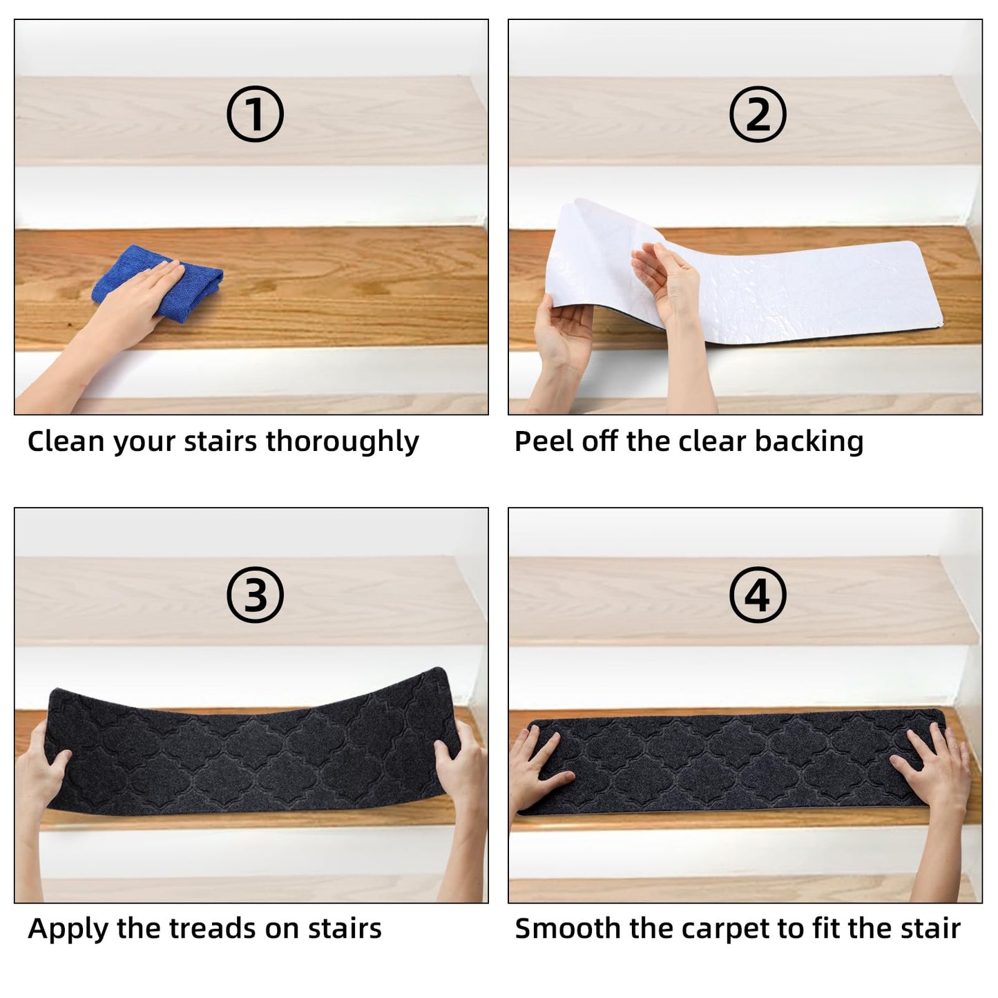 YISUN Stair Treads 15 Pieces, Anti-Slip Stair Tread Mats, Self-Adhesive Rectangular Stair Carpet, Carpet Stair Steps for Outdoor Indoor Use for Kids, Elderly, and Dogs, 20 x 65 cm (Dark Gray)