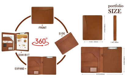 Calfinder A4 leather writing pad, slim leather conference folder with A4 pad, clipboard folder document holder with A4 clipboard, file folder for office school/work colleagues, gift, brown.