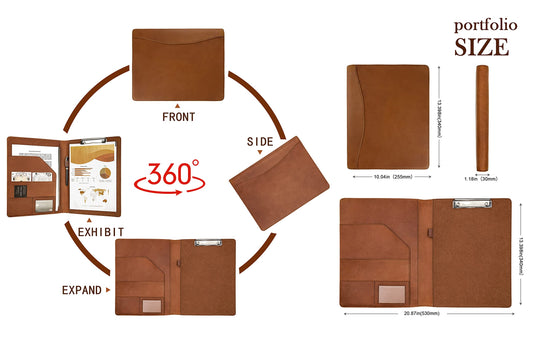 Calfinder A4 leather writing pad, slim leather conference folder with A4 pad, clipboard folder document holder with A4 clipboard, file folder for office school/work colleagues, gift, brown.