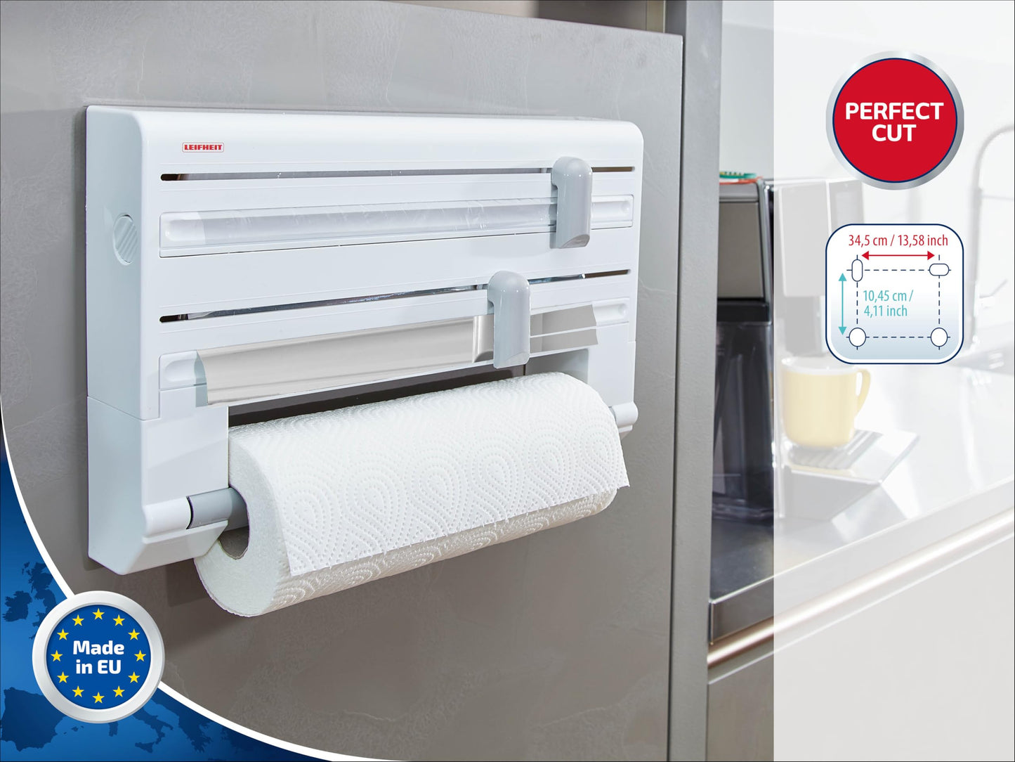 Leifheit Wall-Mounted Paper Towel Holder Parat ComfortLine Series for 3 rolls, clean cut edges with practical cutting blade, kitchen roll holder with foil cutter ensures convenient foil ends.