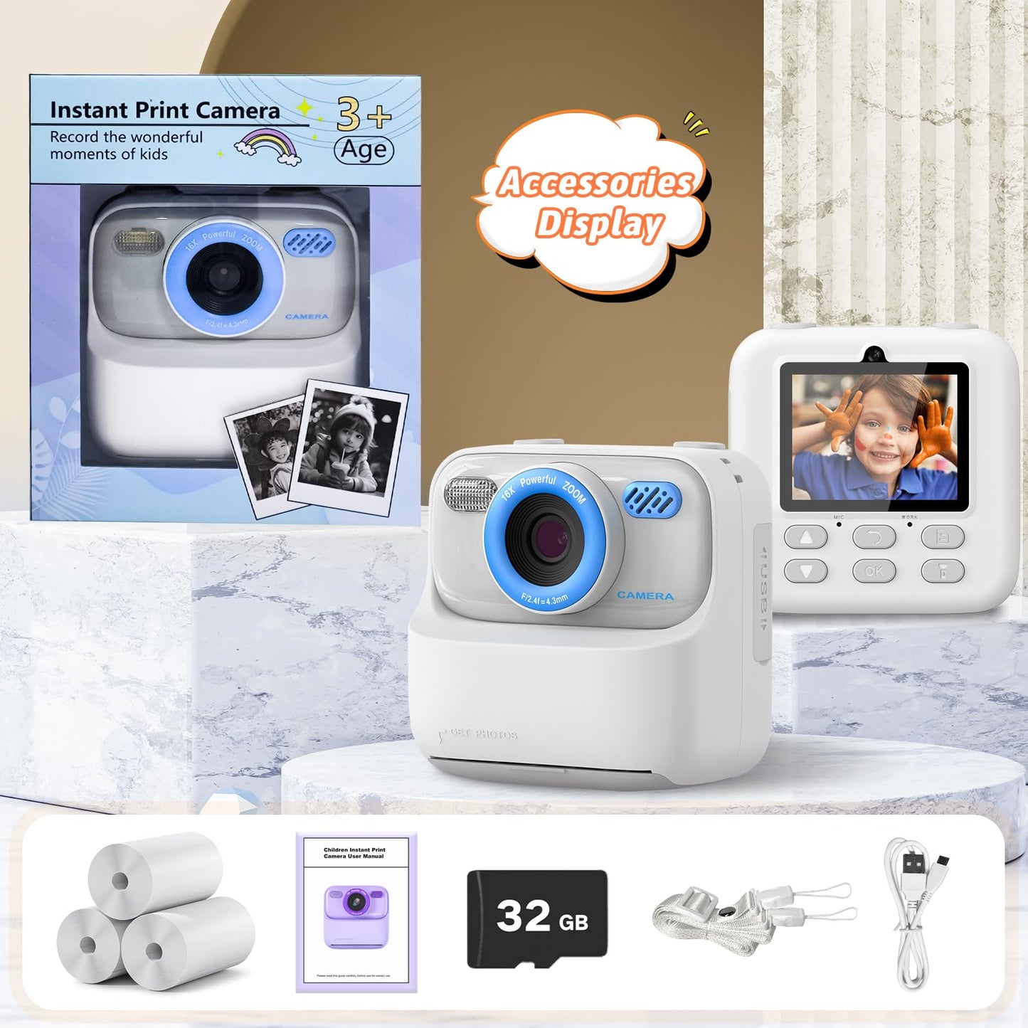 Upgrade kids camera instant print for boys and girls, 1080P HD dual-lens selfie digital camera with printing paper & 32G card, Christmas birthday gifts toy for toddlers and teens.