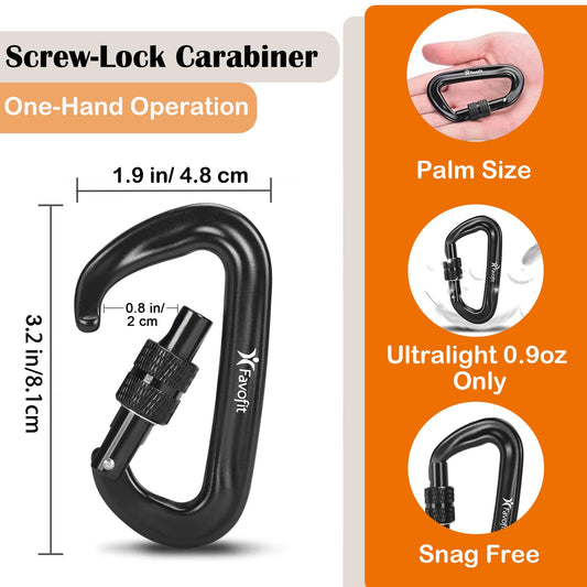 Favofit Locking Carabiner Clips, 4 pieces, rated at 12 kN (each 1223 kg), sturdy carabiner hooks for camping, hiking, outdoor & gym etc., small carabiners (Black)