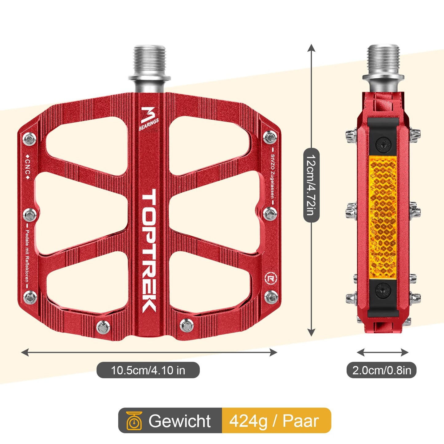 Toptrek bike pedals red with StVZO approved reflectors, CNC aluminum pedals bike MTB pedals non-slip with 3 sealed bearings for mountain bike, BMX, e-bike, road bike