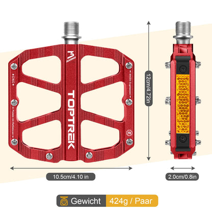 Toptrek bike pedals red with StVZO approved reflectors, CNC aluminum pedals bike MTB pedals non-slip with 3 sealed bearings for mountain bike, BMX, e-bike, road bike