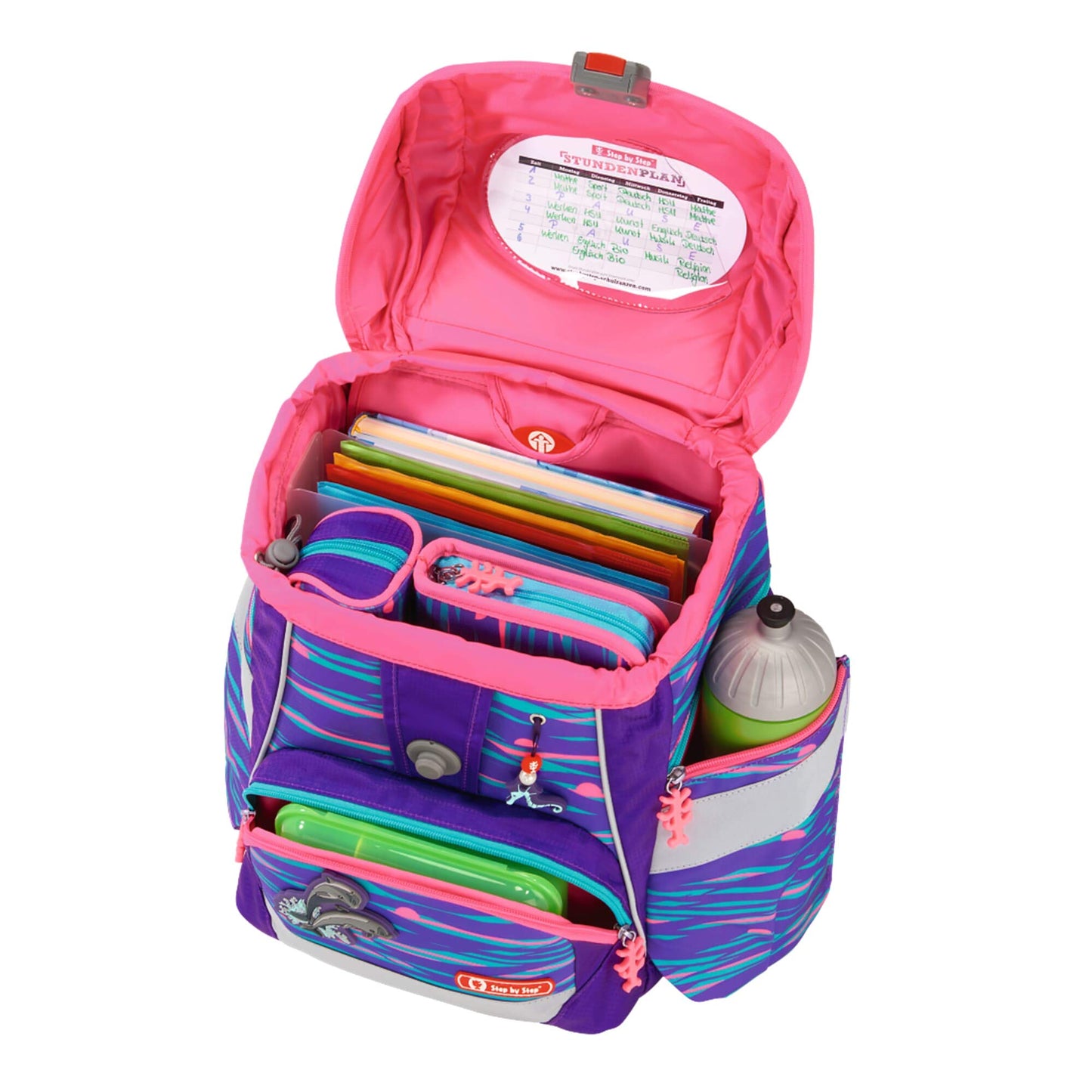 Step by Step School Bag Set 2IN1 Plus Reflect "Shiny Dolphins" 6-piece, purple-blue, dolphin design, ergonomic backpack with reflectors, adjustable height with hip belt for 1st grade girls, 19L.