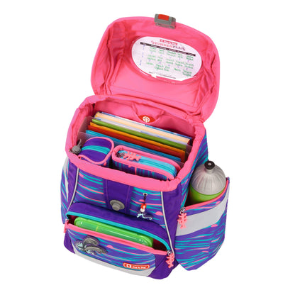 Step by Step School Bag Set 2IN1 Plus Reflect "Shiny Dolphins" 6-piece, purple-blue, dolphin design, ergonomic backpack with reflectors, adjustable height with hip belt for 1st grade girls, 19L.