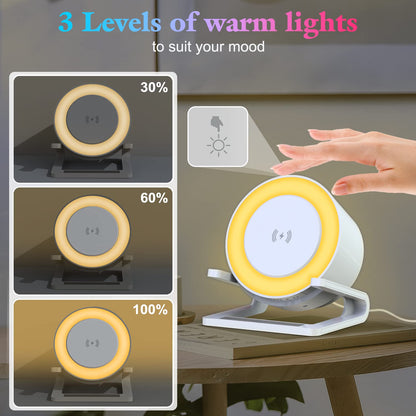 Bluetooth speaker with night light and wireless charger, touch dimmable bedside lamp with 5 light modes, music box & inductive charging station, perfect birthday gift for women and men.