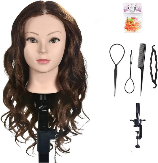 Practice head with 100% real hair, for professional styling, hairstyling, makeup practice doll, with screw clamp.