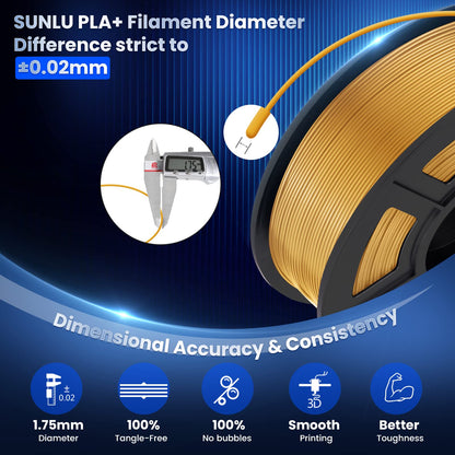 SUNLU PLA+ Filament 1.75mm, PLA Plus 3D Printer Filament, Stronger, Neatly Wound, 1KG 3D Printing PLA+ Filament, Dimensional Accuracy +/- 0.02mm, Gold
