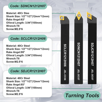 21 pieces of turning tools with indexable inserts boring bar turning tool holder set, 7 x lathe holder, 7 x carbide inserts, 7 x wrenches (12 mm)