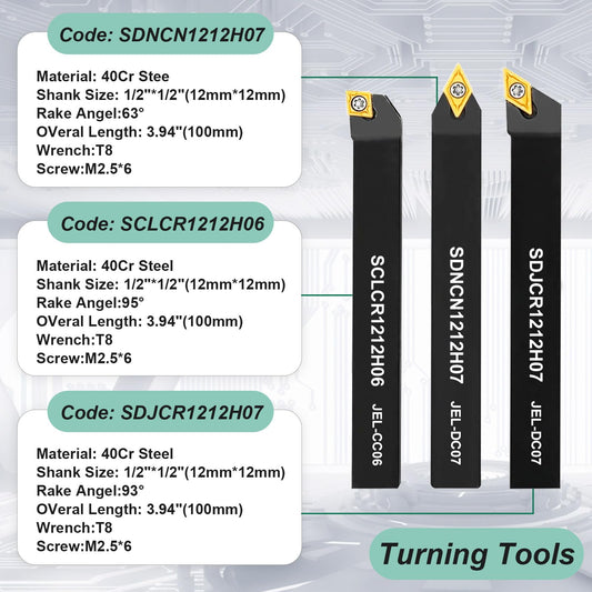 21 pieces of turning tools with indexable inserts boring bar turning tool holder set, 7 x lathe holder, 7 x carbide inserts, 7 x wrenches (12 mm)